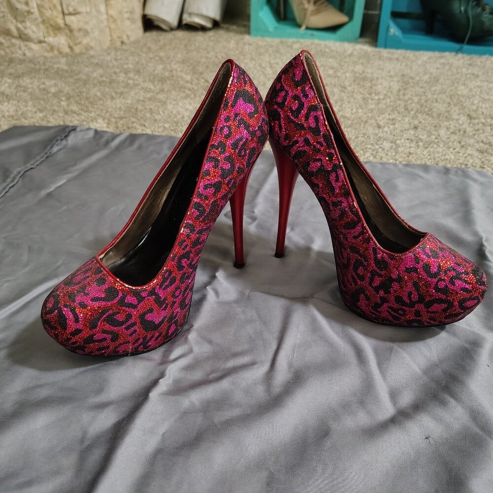 Shiny red, purple, pink heels